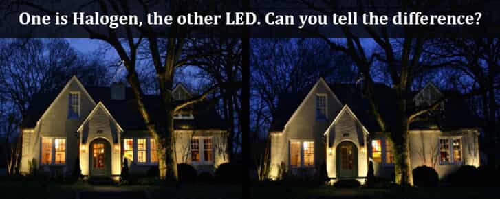 Comparison image of a Halogen lighted house vs a LED lighted house